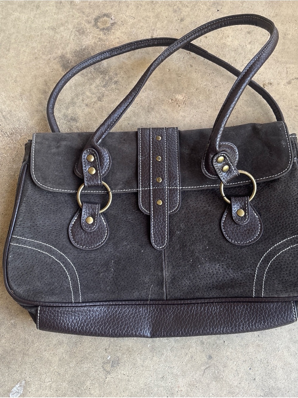 Dark Brown Suede & Leather Shoulder Bag with Brass Accents